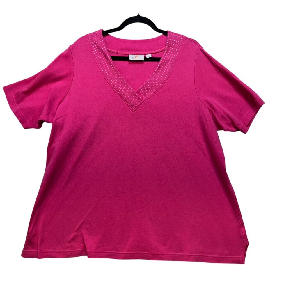 Quacker Factory Womens V-Neck Cotton T-Shirt  1X Pink Rhinestone Embellishment